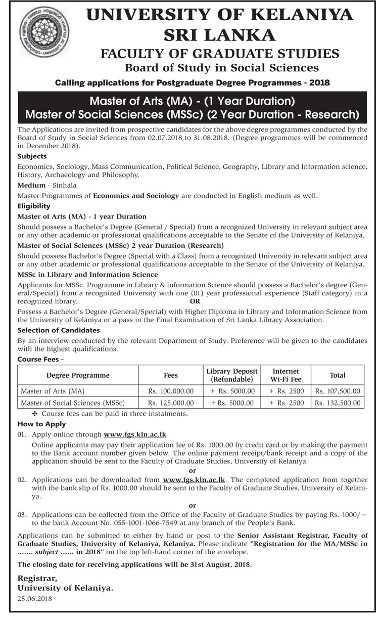 Master of Arts, Master of Social Sciences - Faculty of Graduate Studies - University of Kelaniya